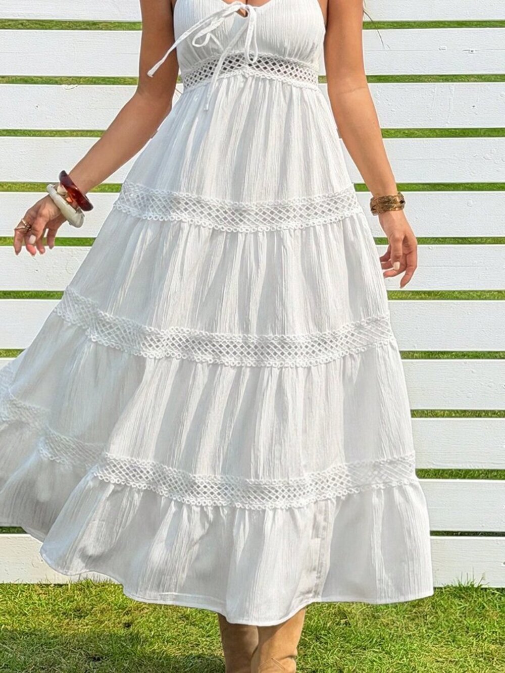 White Casual Women's Music Festival Dress Woven Spaghetti Strap Vacation Dress - Picture 4 of 8